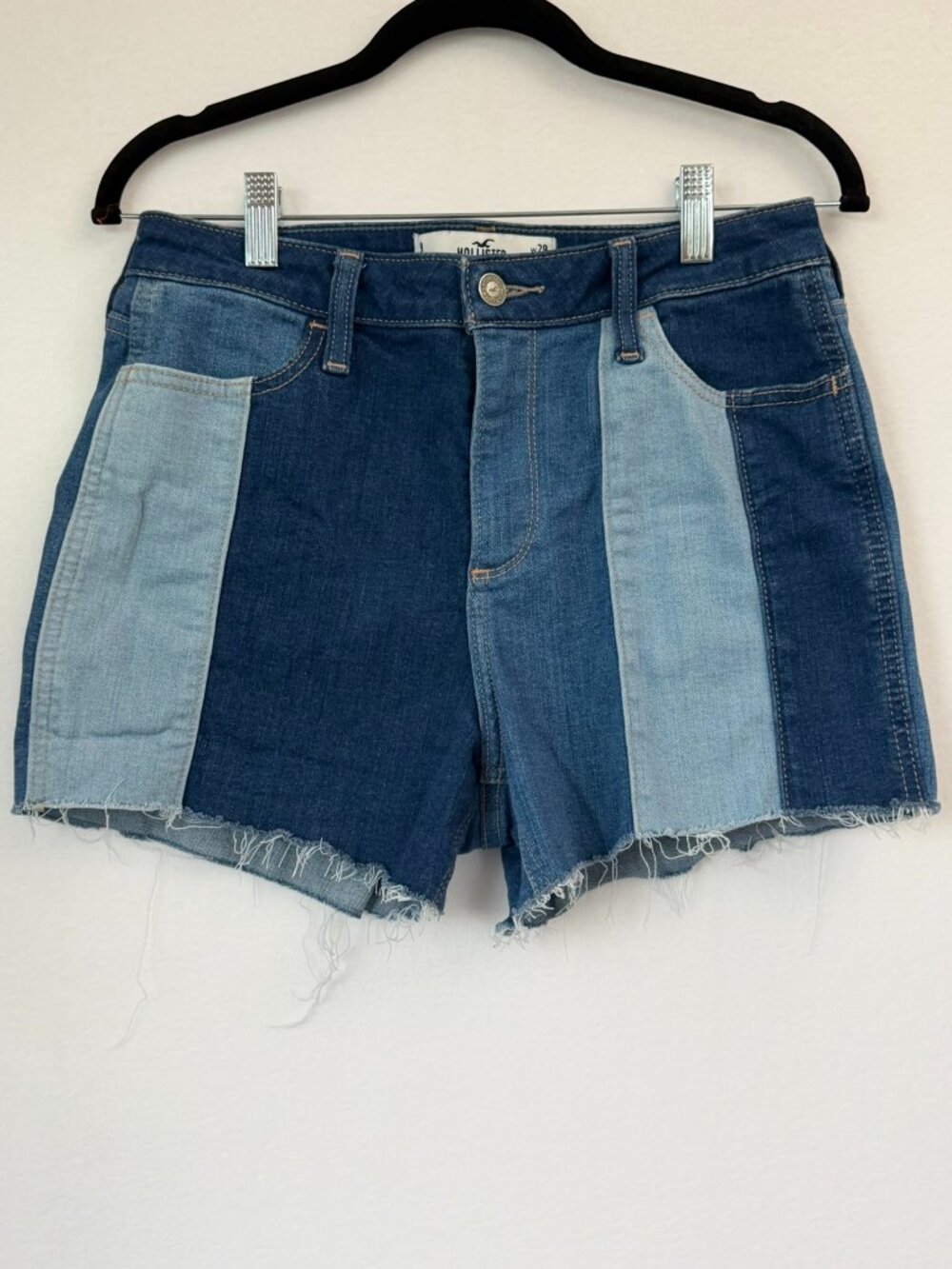 Hollister Curvy Hi Rise Colorblock Denim Shorts Soft Stretch Frayed Hem Size 9